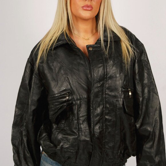 90s Textured Leather Jacket (L) large black vintage patchwork bomber moto goth - Picture 5 of 9